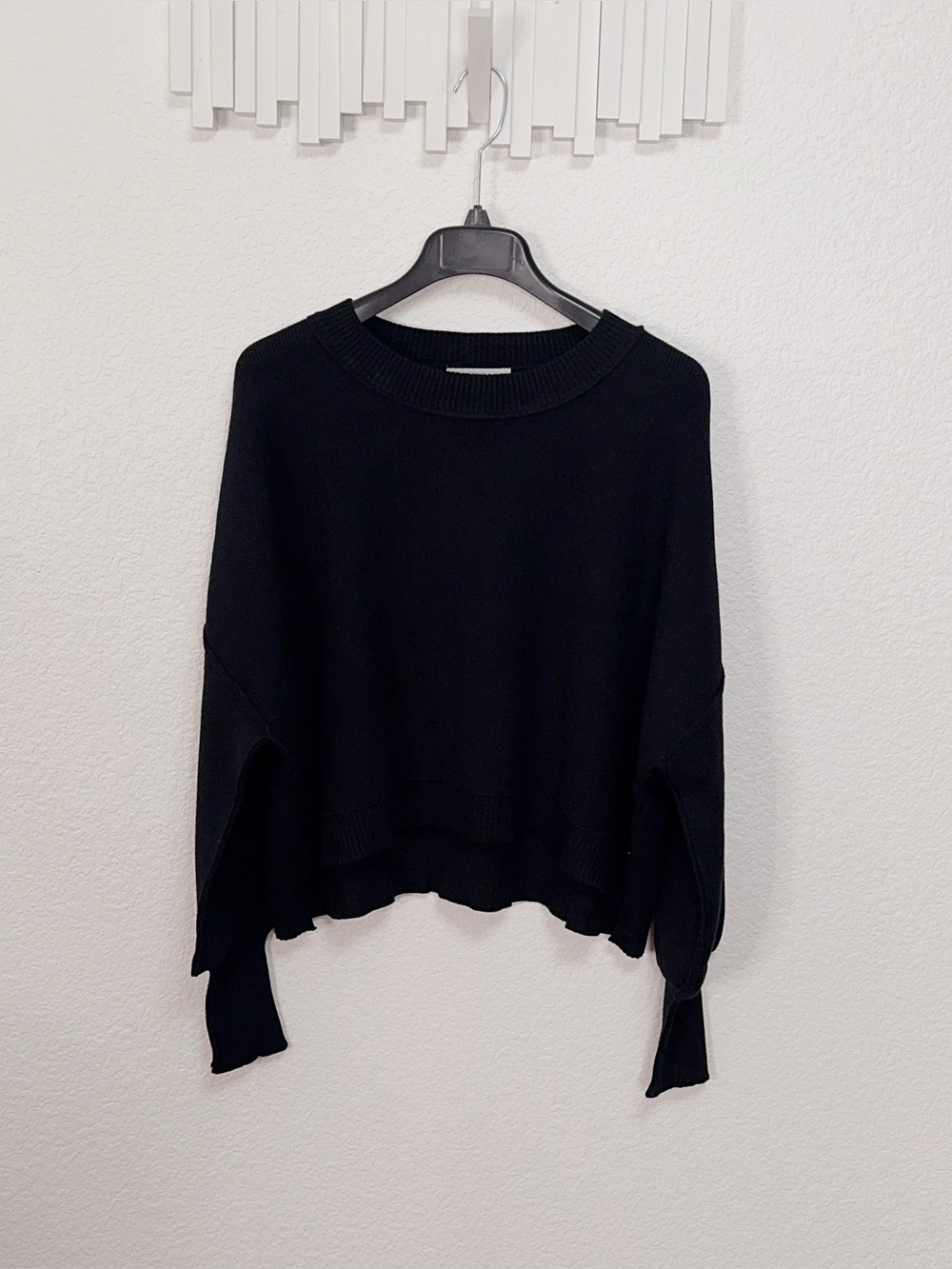 Miss Sparkling Black Oversized Drop Shoulder Ruffle Hem Knit Sweater Pullover